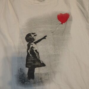 Faces Organic T-shirt Banksy Girl with Balloon White Cotton Graphic Tee Large